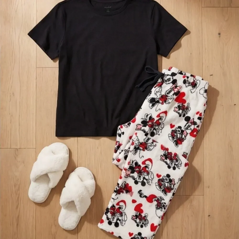 Disney Black,White with Red heart Pajama Bottoms with Mickey and Minnie Mouse. - Picture 7 of 9